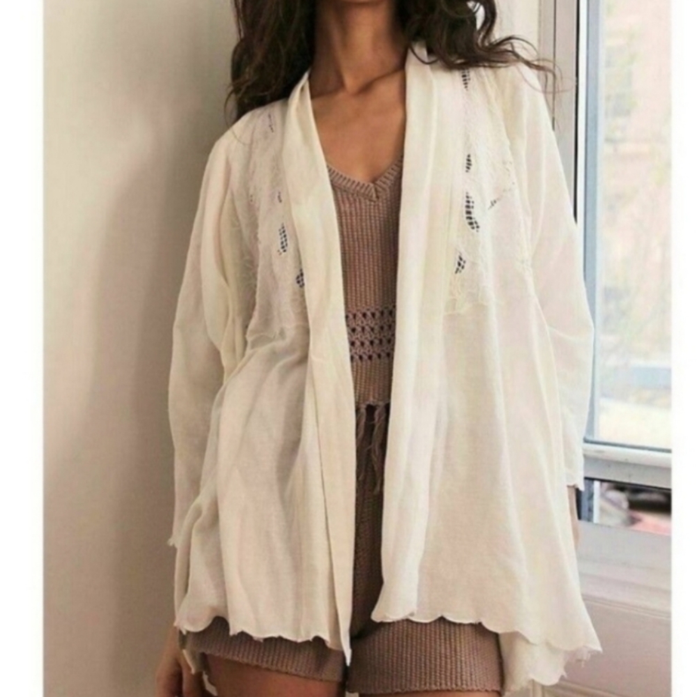 Free People Cool Nights Embroidered Kimono Cardigan Ivory Cotton Blend Size L - Picture 2 of 16